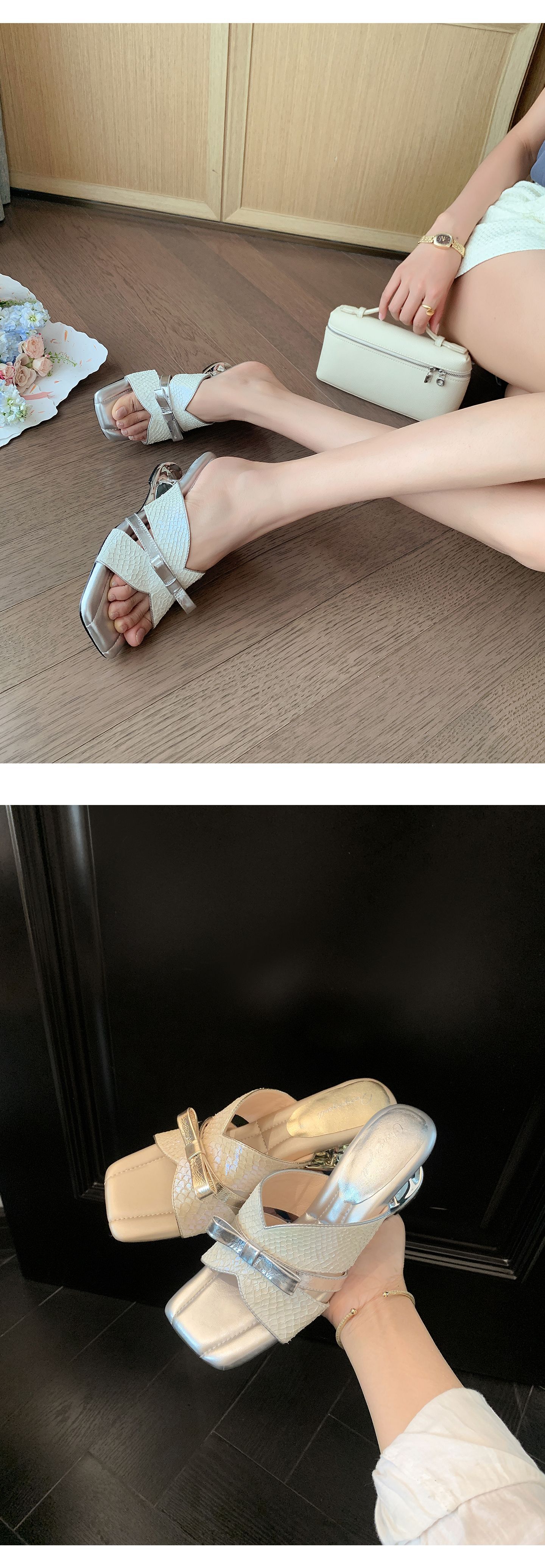 Sandal cao gót nữ mũi vuông hở ngón, quai ngang nơ bướm, đế xuồng êm chân — màu vàng, bạc chi tiết 16