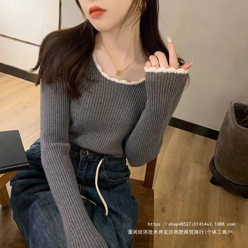 法式新款耳边针织气质圆领秋冬打底修身高级上衣设计短款撞色毛衣