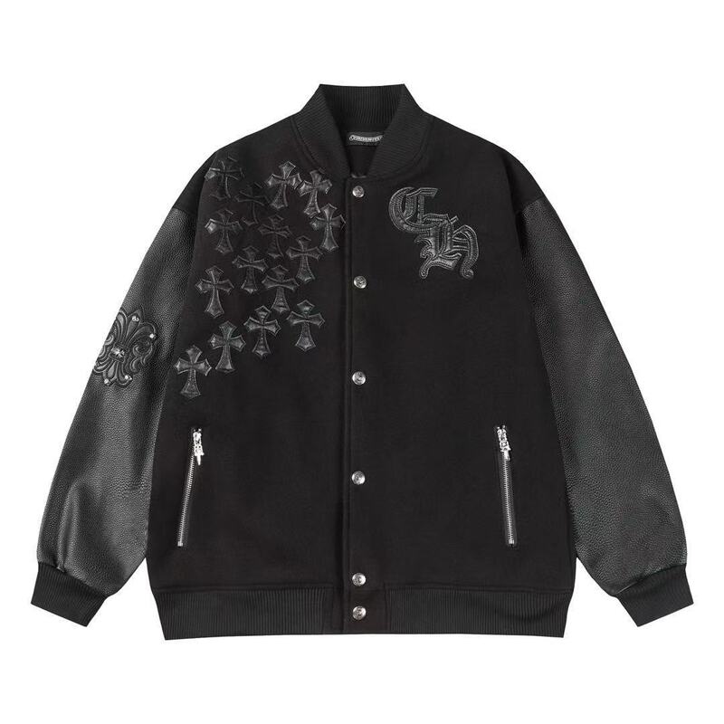 Cross-border high-quality CH Chrome Hearts cross patch leather embroidered baseball jacket dark high street style Cross-border high-quality CH Chrome Hearts cross patch leather embroidered baseball jacket dark high street style