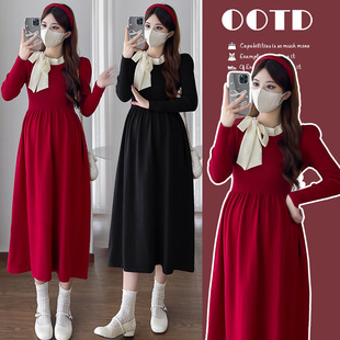 Internet Celebrant Breastfeeding dress Fashion Chanel Style Bow plus size Thickened Knitted Sweater Pregnant Women Autumn and Winter Base Skirt