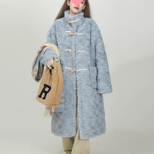 Korean style blue horn buckle lambswool coat winter new thick warm long cotton-padded jacket women