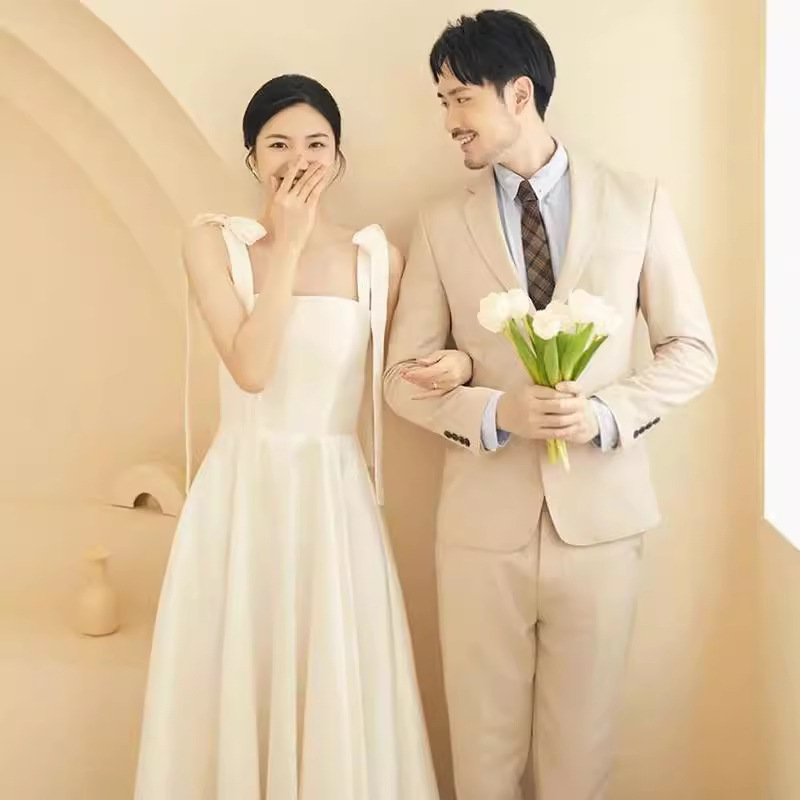 Korean Light Wedding Dress Travel Photography Forest Style Super Fairy Square Collar Suspender Satin High-end Floor-length Bride Going Out Gauze Dress for Women