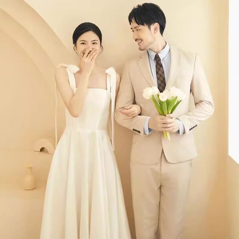 Korean Light Wedding Dress Travel Photography Forest Style Super Fairy Square Collar Suspender Satin High-end Floor-length Bride Going Out Gauze Dress for Women