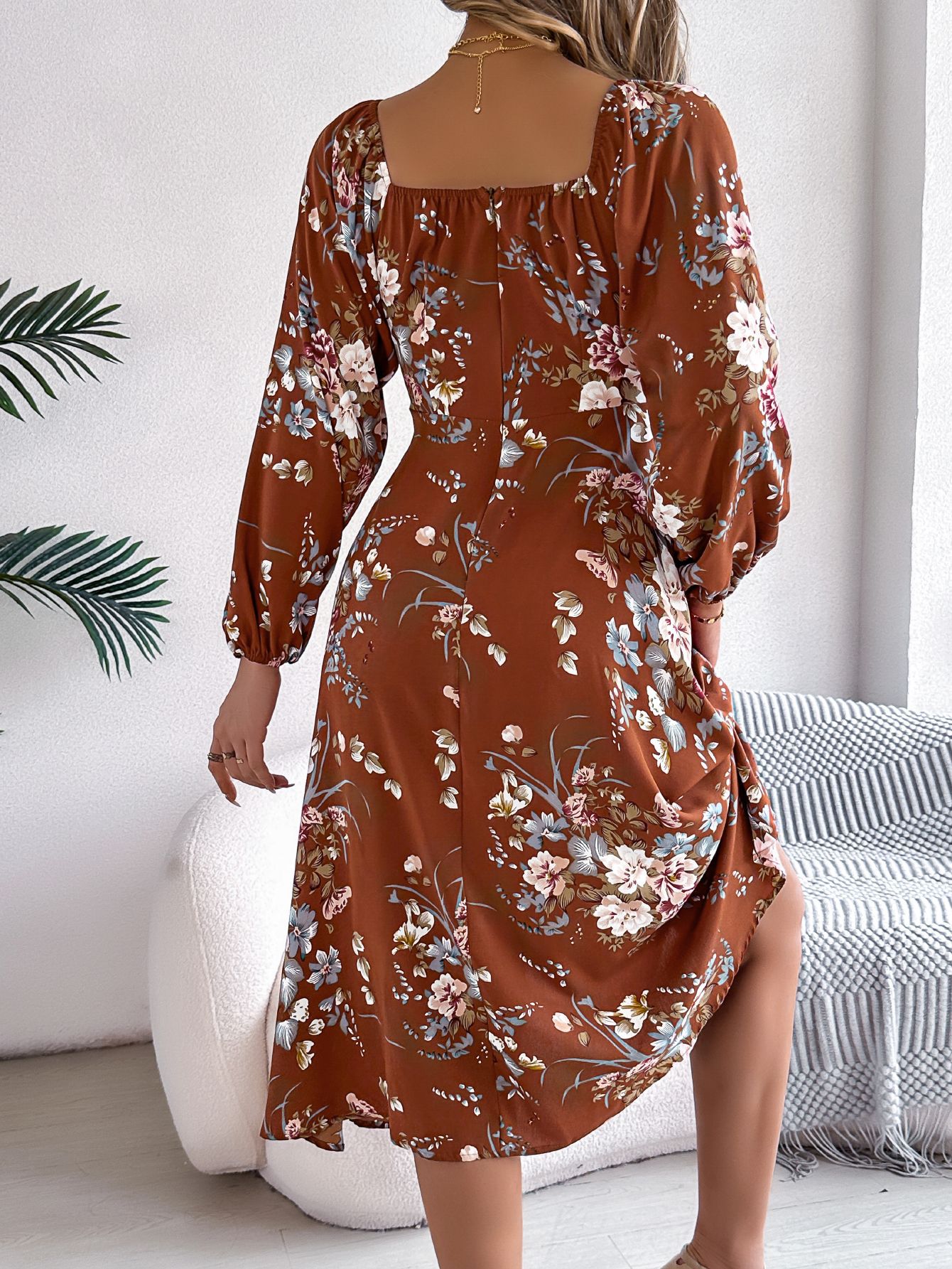 Spring Summer Sexy Lace up Knot Floral Long Sleeve Split Dress Women Clothing 6 Spring Summer Sexy Lace up Knot Floral Long Sleeve Split Dress Women Clothing