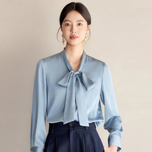 艾尚臣雾霾蓝衬衫女蝴蝶结领长袖衬衣早春百搭飘带上衣金秘书通勤