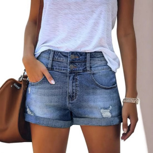 2021 European and American Spring and Summer New Amazon Washed Hole Bleached High-Waist Slim Denim Shorts in Stock
