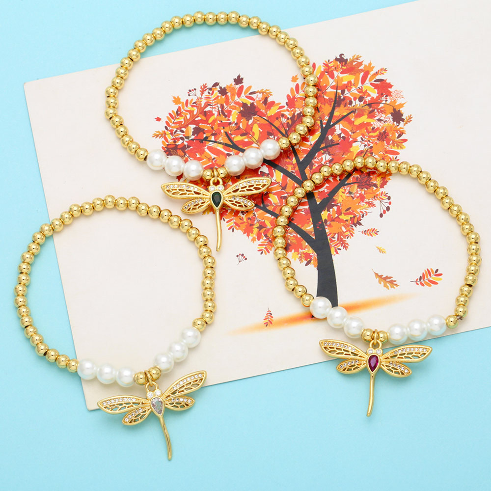 Fashion Dragonfly Copper Bracelets Plating Artificial Pearls Copper Bracelets