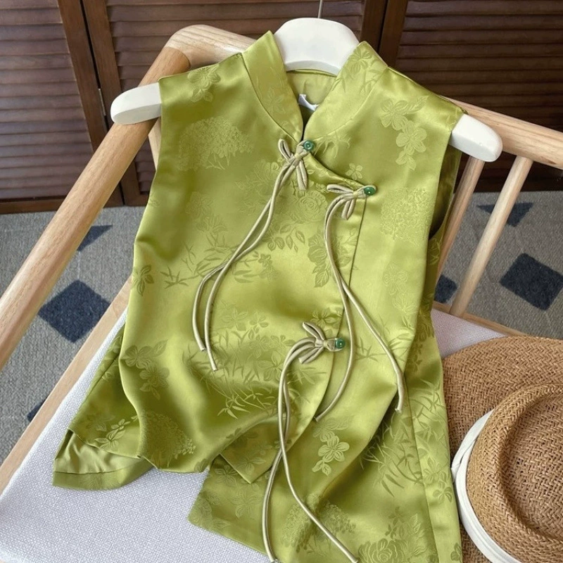 Новый китайский стиль, повседневный универсальный жаккардовый жилет в национальном стиле для женщин, весна-лето 2025, новый французский ретро топ без рукавов