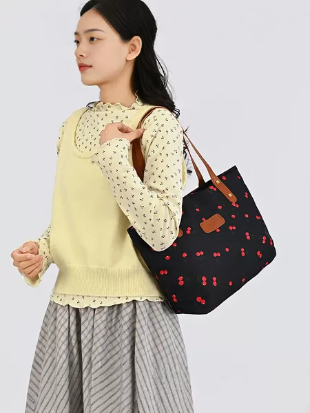 2026 New Cherry Print Tote Bag for Women, Large Capacity Commuter Shoulder Bag, Fashionable and Versatile Nylon Bag