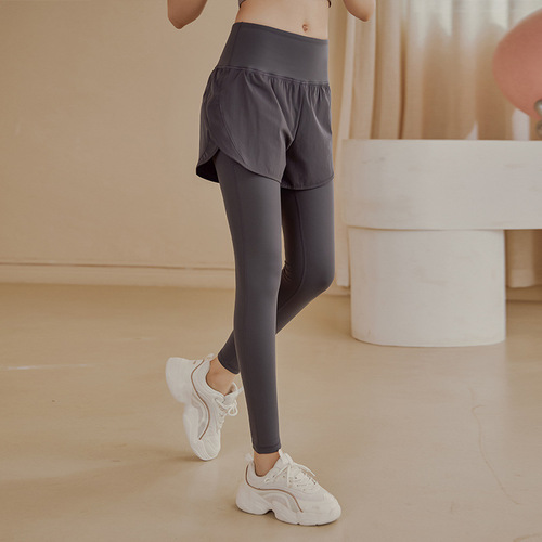 Fake two-piece yoga pants for women, high-waisted butt-lifting, tummy-tightening running pants, stretch tight sports pants, fitness pants, trousers for spring and autumn