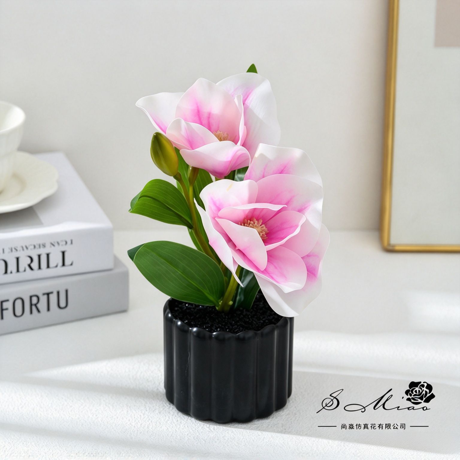 Dos tenedores y cinco flores se sienten pequeñas Phalaenopsis macetas simulación bonsái flores falsas decoración del hogar fotografía de flores artificiales flores de bodas