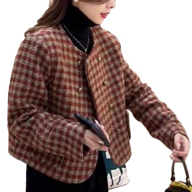 Áo khoác nữ ngắn kẻ ca rô cổ tròn tay dài phong cách thanh lịch — Mẫu chất lượng cao màu cam