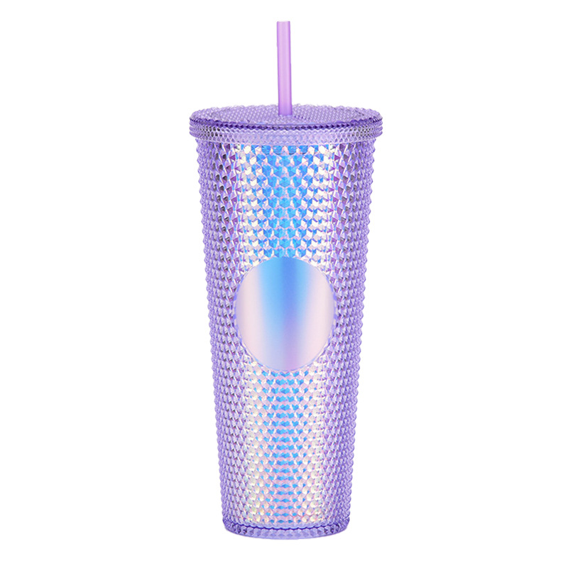 Suministro directo de fábrica de doble capa de paja de plástico taza de gran capacidad creativa 710ml taza Durian taza de mano portátil taza de diamante