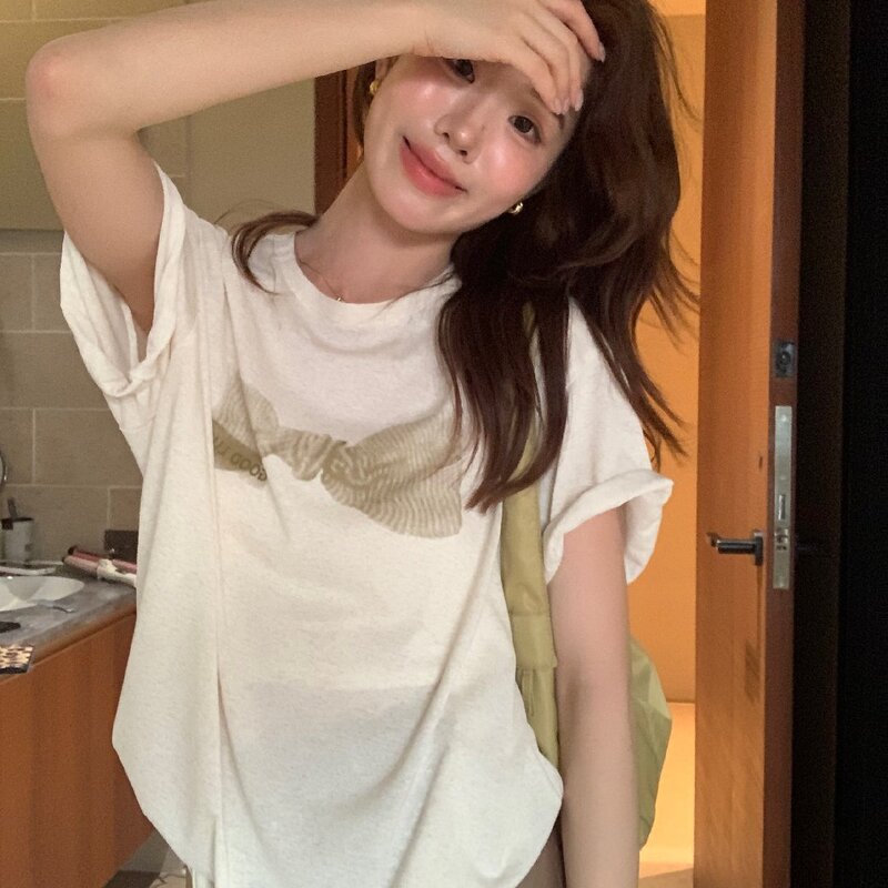 The Limon Lemon Green Tea Bow Print Short-Sleeved T-Shirt for Women 2026 Spring Loose Casual Versatile Top