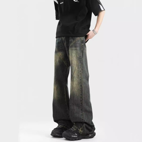 Deconstructing car line water-washed men's summer trend loose vibe design straight micro-waist pants