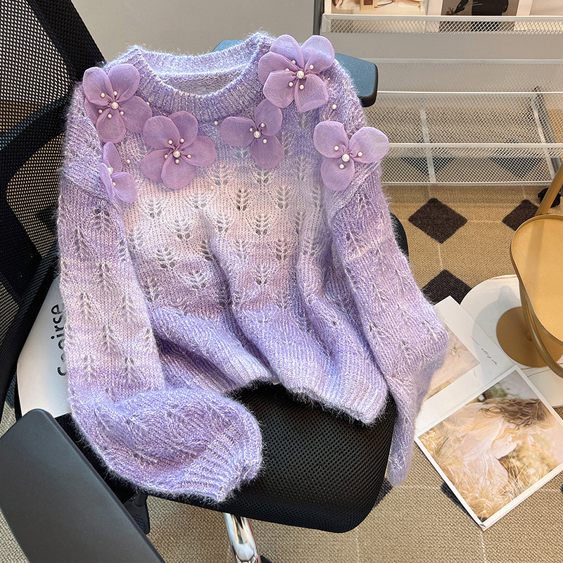女性用グラデーションカラーセータージャケット、新しいデザインのビーズフラワーボトムシャツ、甘くて柔らかいワックス状セーター|undefined