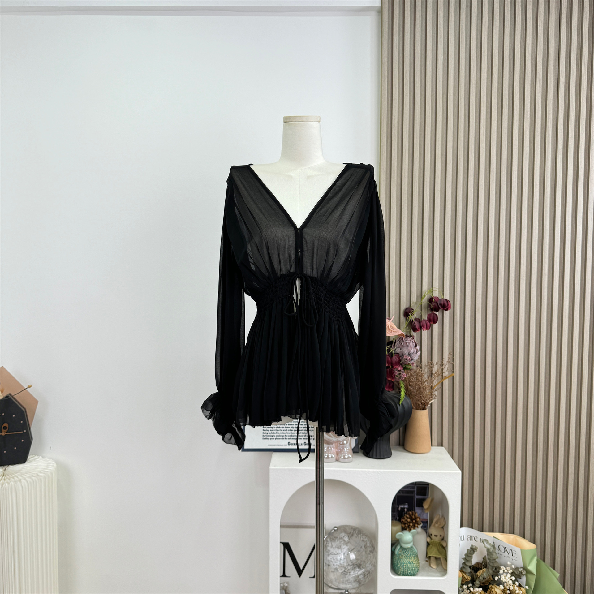 CherMMM Black Silk Muse Pure Desire Lantern Sleeve Chiffon Blouse Jacket Women's Summer Deep V-Neck Long Sleeve Top