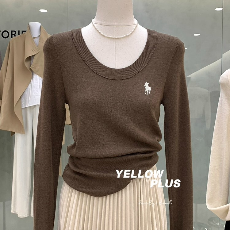Embroidered War Horse U-Neck Long-Sleeve Knit Sweater for Women, 2026 Autumn New Versatile Slim-Fit Base Shirt Top Ins Embroidered War Horse U-Neck Long-Sleeve Knit Sweater for Women, 2026 Autumn New Versatile Slim-Fit Base Shirt Top Ins