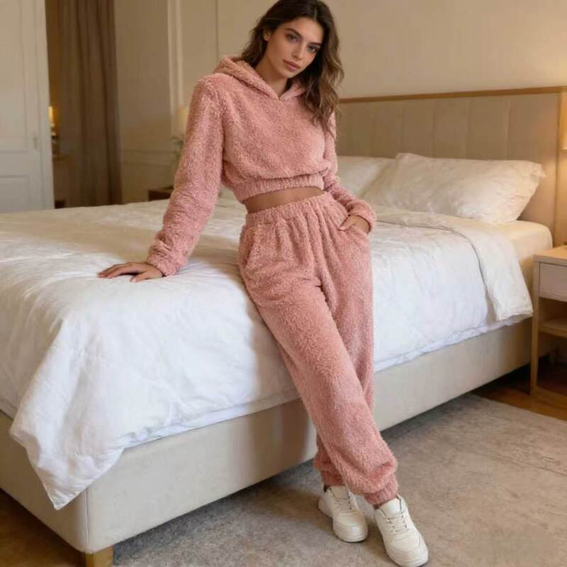Import and Export Light Luxury Hooded Waist-Cinching Bodysuit, Autumn and Winter Fleece-Lined Thickened Pajamas, Warm Loungewear Set That Can Be Worn Outside