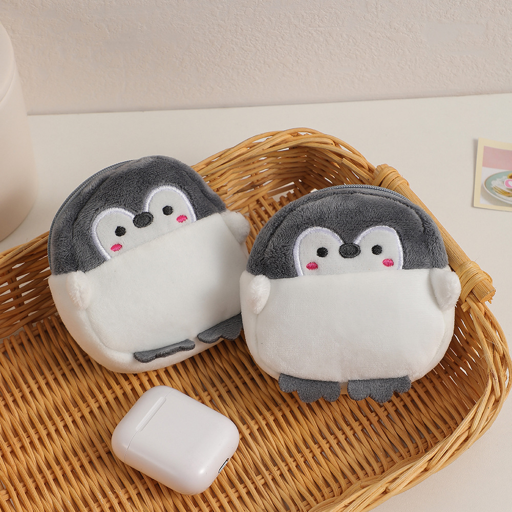 Cute Plush Penguin Storage Bag for Girls, Simple and Portable Earphone Bag, Student Coin and Bill Purse, Hang Bag