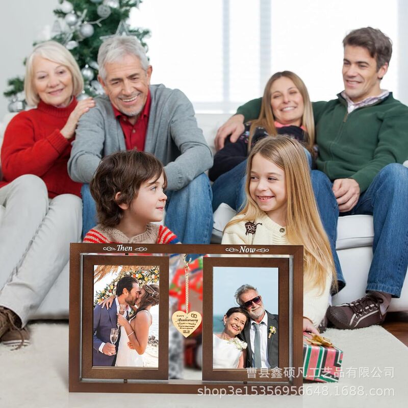 Cross-border creative rotating double frame wooden couple anniversary gift past present photo souvenir