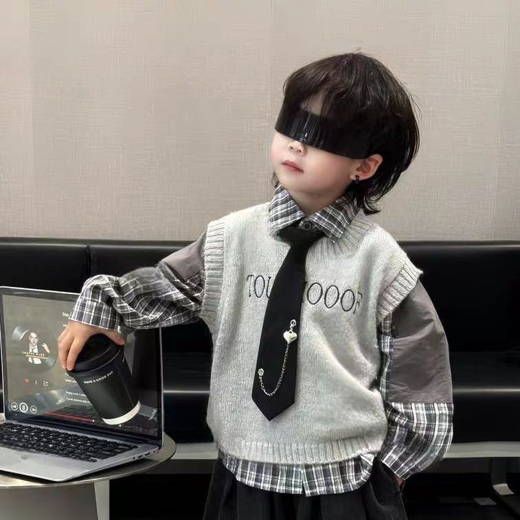 儿童套装洋气2025新款韩版男童学院拼接衬衫针织马甲裤子潮三件套|undefined