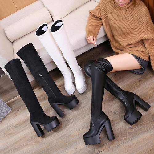Women's Over-the-Knee Elastic Boots with Thick Soles and Waterproof Platform, Slim High Heel Long Boots, Sky-High Boots with 14CM Heels