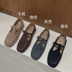内增高3cm~方头玛丽珍鞋女2025早秋新款韩版呢料一字带芭蕾舞单鞋