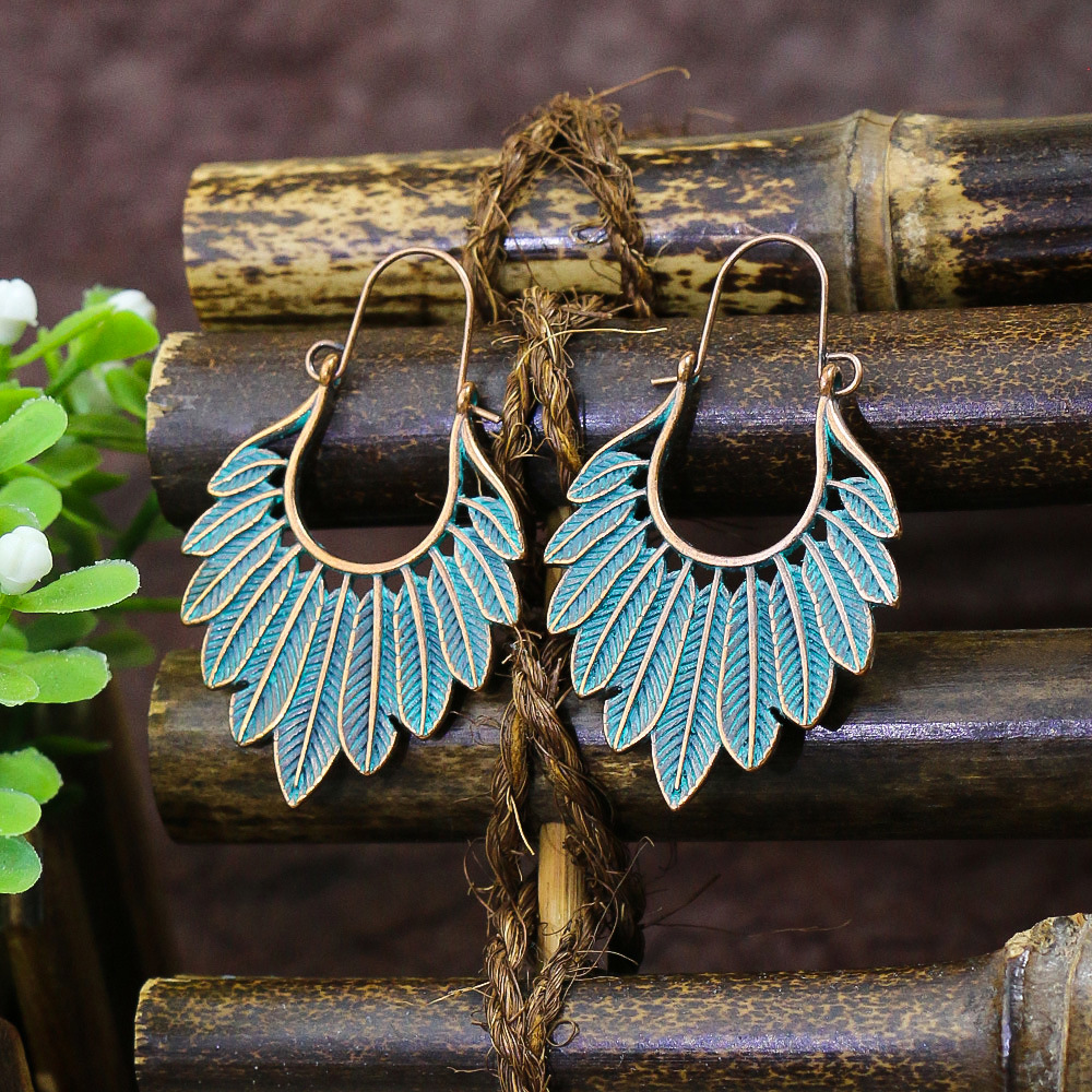 1 Pair Hip-Hop Retro Leaf Inlay Alloy Turquoise Drop Earrings display picture 6