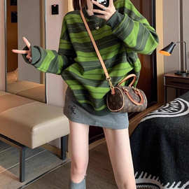 大码女装秋季条纹宽松卫衣女洋气显瘦长袖上衣服胖mm2-300斤