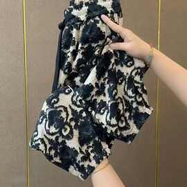 中老年妈妈花裤子女夏季薄款大码冰丝宽松高腰系带松紧束脚九分裤