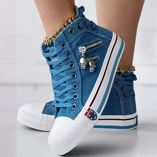 Qi Size in stock Spring and Summer New High-top Denim Shoes Skull Lace-up Women's Shoes Wenzhou Canvas Shoes Women's Korean Style