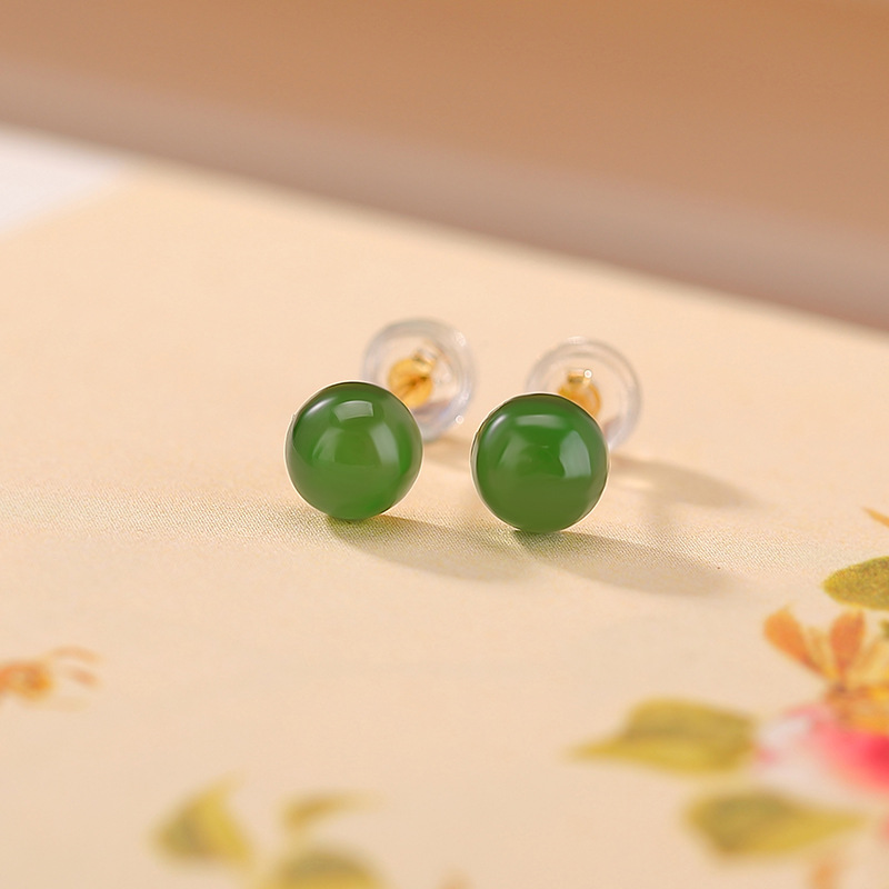 Bông tai bạc S925 mạ vàng đính ngọc bích Hetian jasper hạt tròn đơn giản — Mô hình sáp ong
