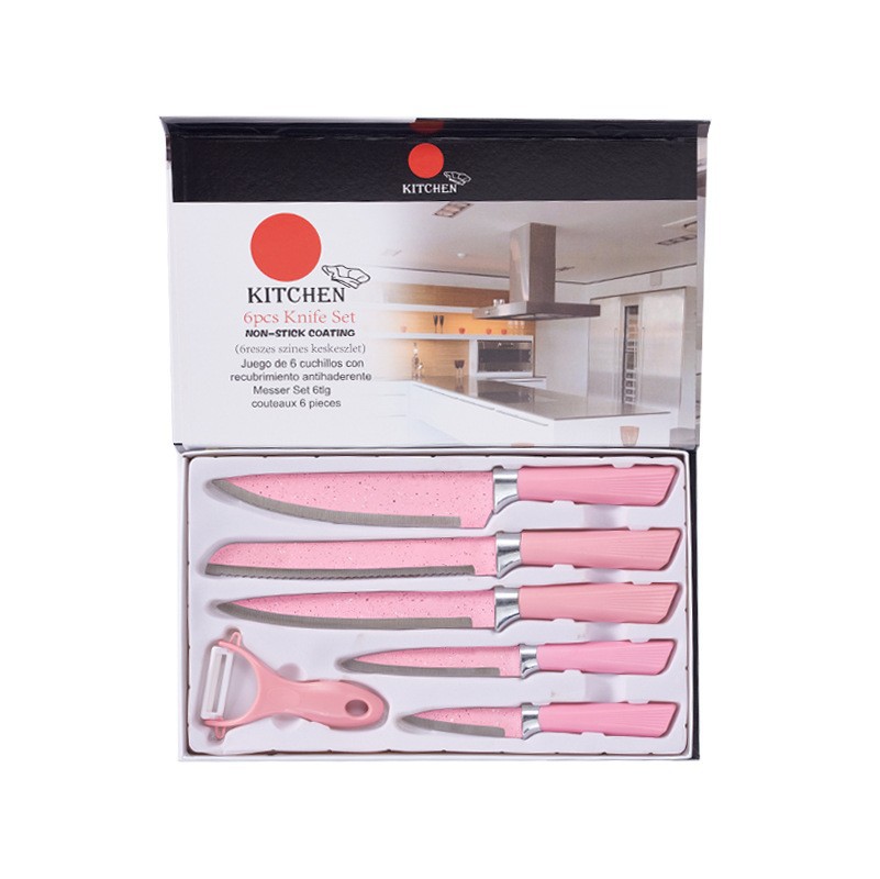 Inventario al por mayor nuevo acero inoxidable pulverización rosa diamante manija viejas seis piezas cuchillo conjunto de herramientas de cocina