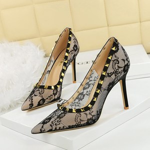 1963-11 European and American style sexy lace mesh pointed super high heels women's shoes with rivet decoration sha