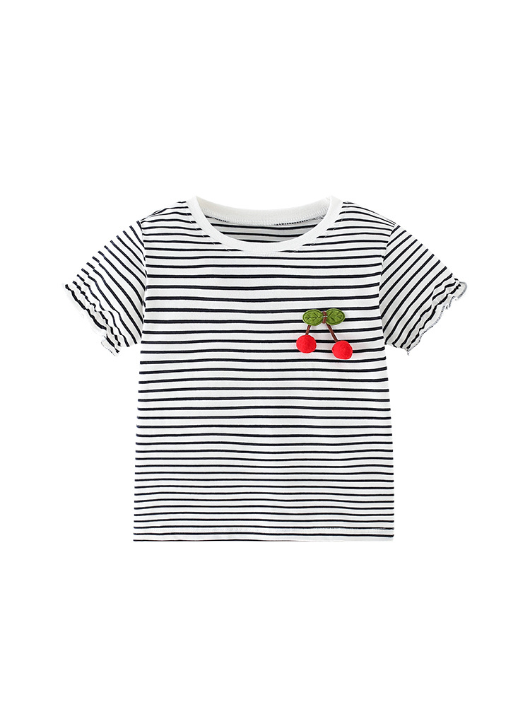 Ropa para niños 2025 verano nuevo estilo niña camiseta de manga corta rayas niños europeos y americanos dibujos animados lindos tops para niños