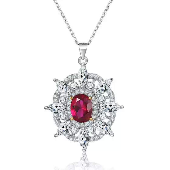 S925 Sterling Silver Ruby Natural Stone Zircon Pendant Sunflower Octagram Necklace for Women, Premium Solid Silver Collarbone Chain