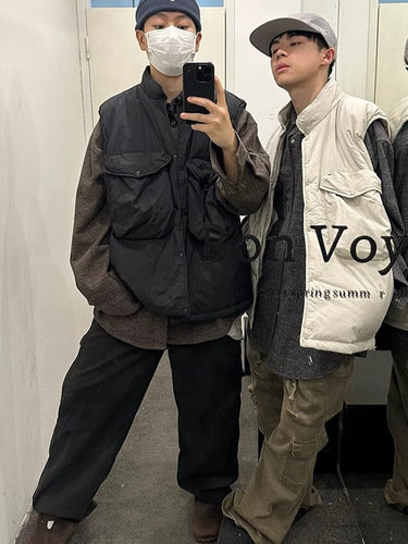 Vintage American-style retro brand large pocket solid color denim jacket cotton winter warm thick windproof sleeveless top for men and women