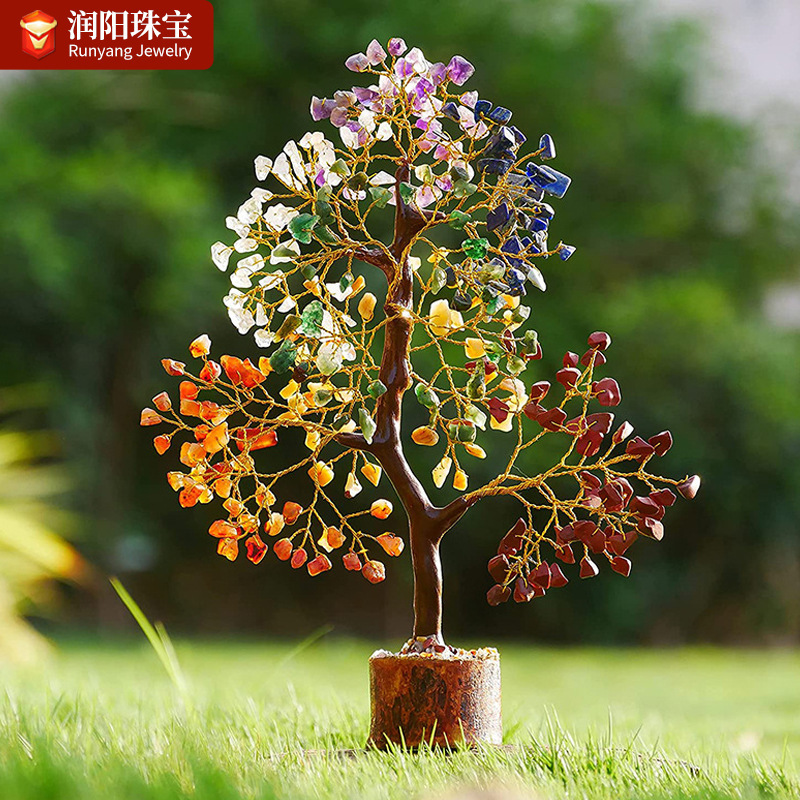 Cross-border Hot-selling Natural Crystal Colorful Gravel Wealth Tree Solid Wood Ornaments Home Desktop Decoration Cash Tree Decoration
