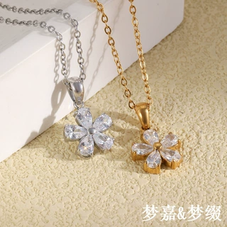 欧美时尚气质小众华丽网红钢项坠不锈钢镀18K金锆石花朵吊坠项链
