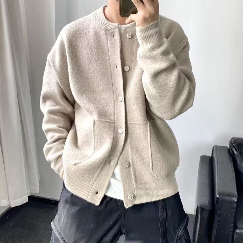 Herren Strickjacke Aus Wolle Rundhals Strickpullover Locker_voghion.com