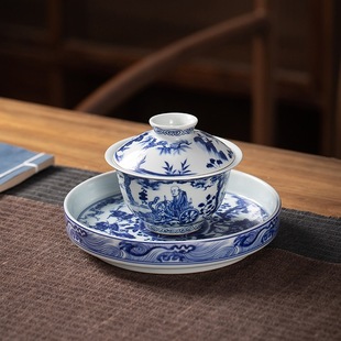Antique mud blue and white ghost valley bowl tea cup single high-end ceramic household kung fu tea bowl dry tea pot holder