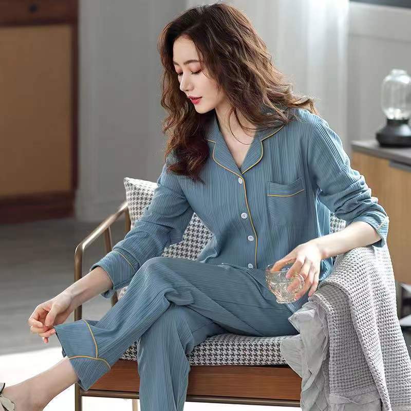 100% pijamas de algodón Primavera y otoño de las mujeres de manga larga más tamaño solapa cardigan traje de mediana edad y joven desgaste del hogar