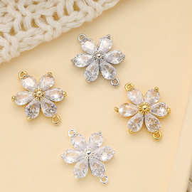 18k包金单吊小雏菊双吊六瓣花吊坠花型吊饰DIY挂件锆石保色持久