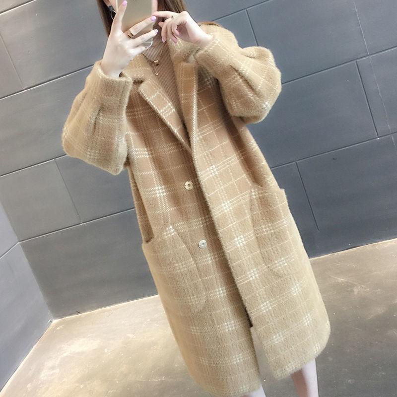 Woolen Mid-Length Plaid Outwear Korean Style Loose Knitted Suit Collar Outwear 2025 New Autumn and Winter Women's Clothing