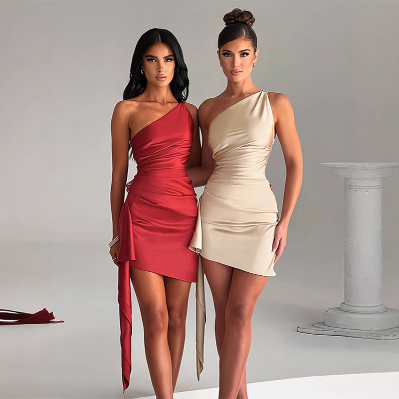 In-Stock American-Style Cross-Border New Off-Shoulder Sleeveless Ruched Ribbon Slim Sexy Satin Short Evening Dress