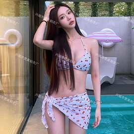 新款韩国ins性感樱桃比基尼温泉度假纯欲辣妹分体三件套泳装+头巾