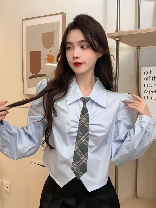 学院风蓝色衬衫女春秋新款长袖衬衣纯欲百搭设计感上衣jk制服套装|undefined