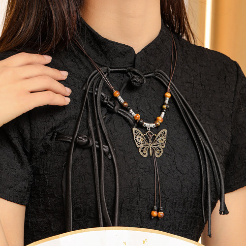 New Chinese style handmade retro butterfly ceramic necklace for women, ethnic style, national trend, ancient style clavicle chain, drawstring neck chain, wholesale