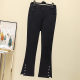 Black skinny casual pants women's spring and autumn Korean style high waist slimming lovely rivet irregular cropped flared pants